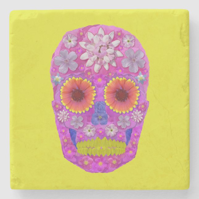 Flower Skull 2 Stone Coaster (Front)