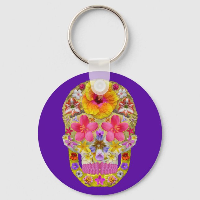 Flower Skull 4 - Tropical Key Ring (Front)