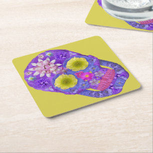 Flower Skull 5 Square Paper Coaster