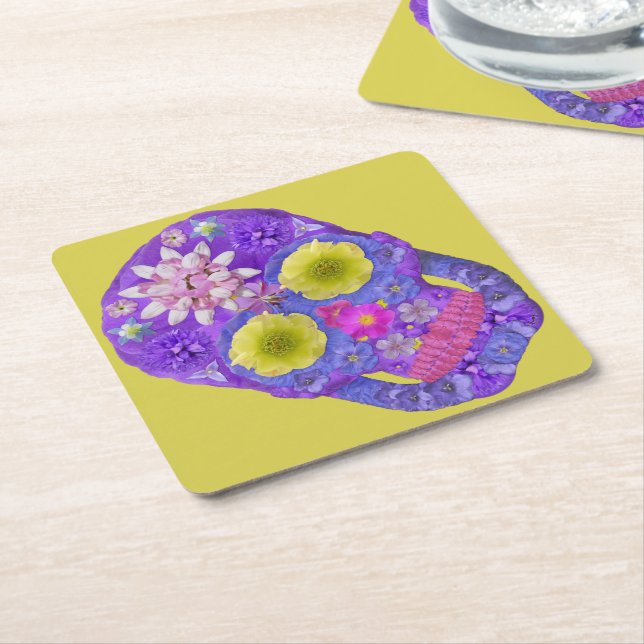 Flower Skull 5 Square Paper Coaster (Angled)