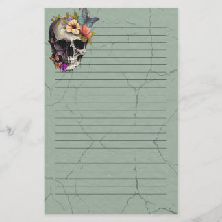 Flower Skull Lined Paper - Green Stationery