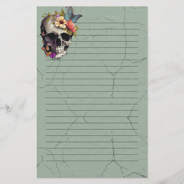 Flower Skull Lined Paper - Green Stationery (Front)