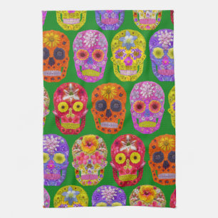 Flower Skulls Seamless Pattern 2018 Tea Towel