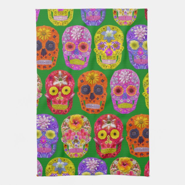 Flower Skulls Seamless Pattern 2018 Tea Towel (Vertical)