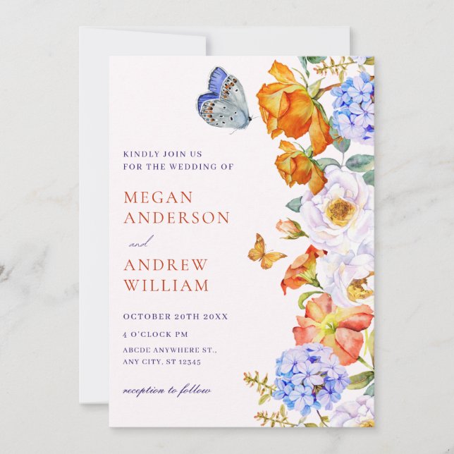 Flower spring garden butterfly wedding invitation (Front)