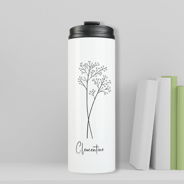 Flower stem, black script typography  thermal tumbler (Personalized thermal tumbler travel bottle with flower illustration and script typography )