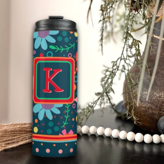 Flower Stripe Colourful Teacher Initial Custom Thermal Tumbler (Creator Uploaded)