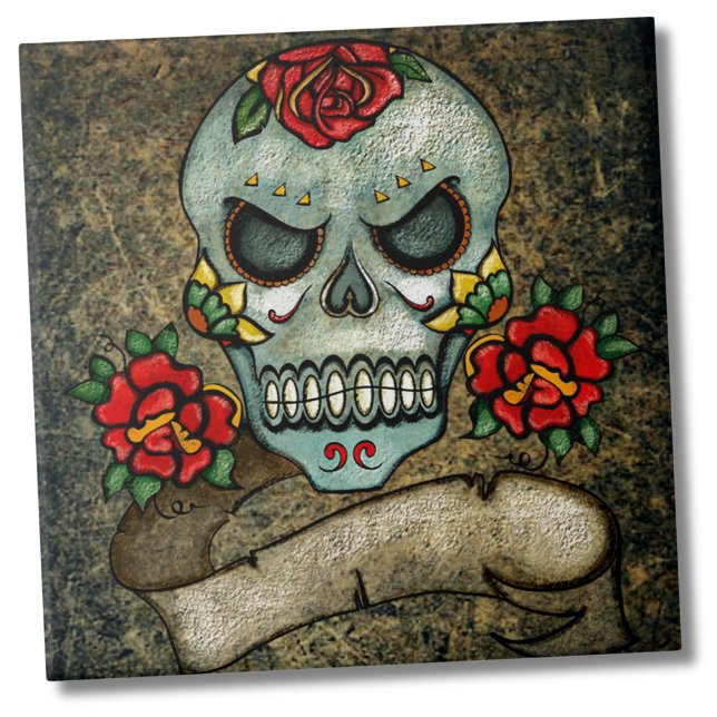 Flower Sugar Skull Ceramic Tile (Dia De Los Muertos Rose Sugar Skull Ceramic Tile)