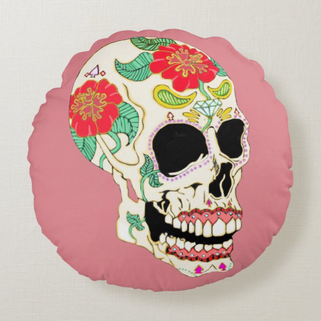 Flower Sugar Skull Round Cushion (Front)