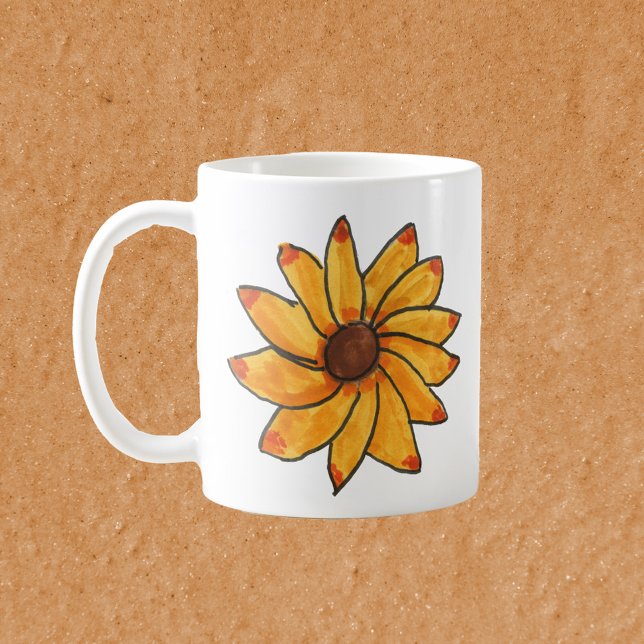 Flower Sunflower Yellow Hand Drawn Coffee Mug (A mug with a hand drawn yellow sunflower.)