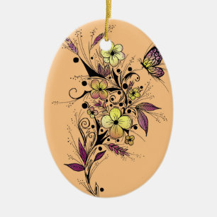 Flower Tattoo in Yellow and Purple Ceramic Ornament