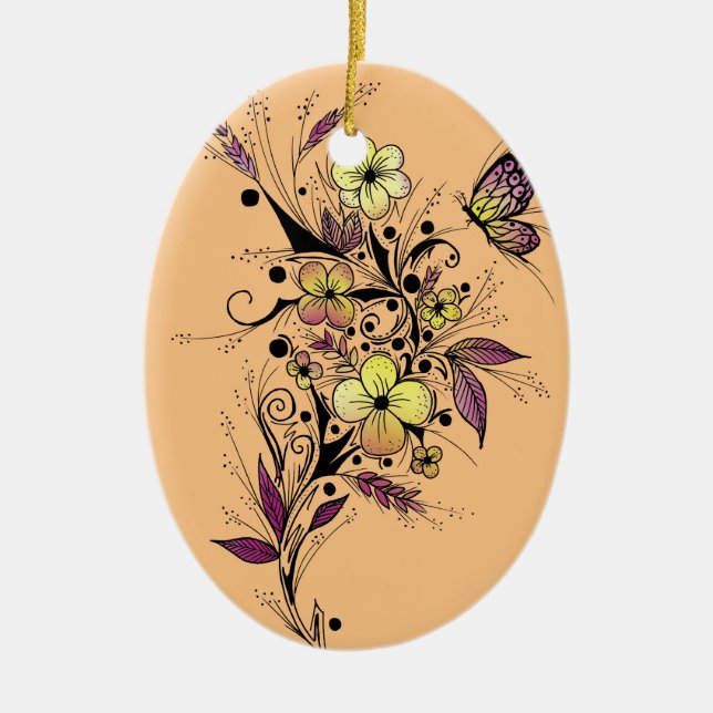 Flower Tattoo in Yellow and Purple Ceramic Ornament (Front)