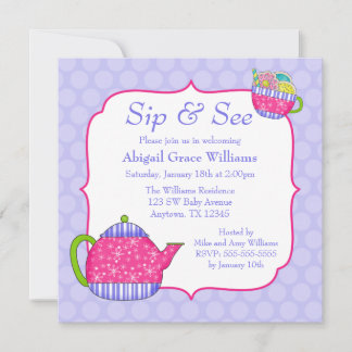 Flower Tea Cups Purple Polka Dot Sip and See Invitation