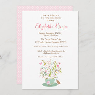 Flower Tea party Baby Shower invitation pink colou