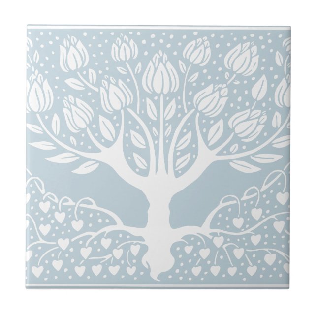 Flower Tree Baby Blue & White Beardsley Hearts Ceramic Tile (Front)