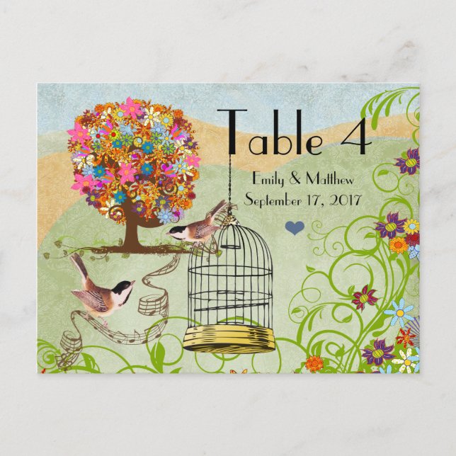 Flower Tree Birds & Bird Cage Wedding Number Card (Front)