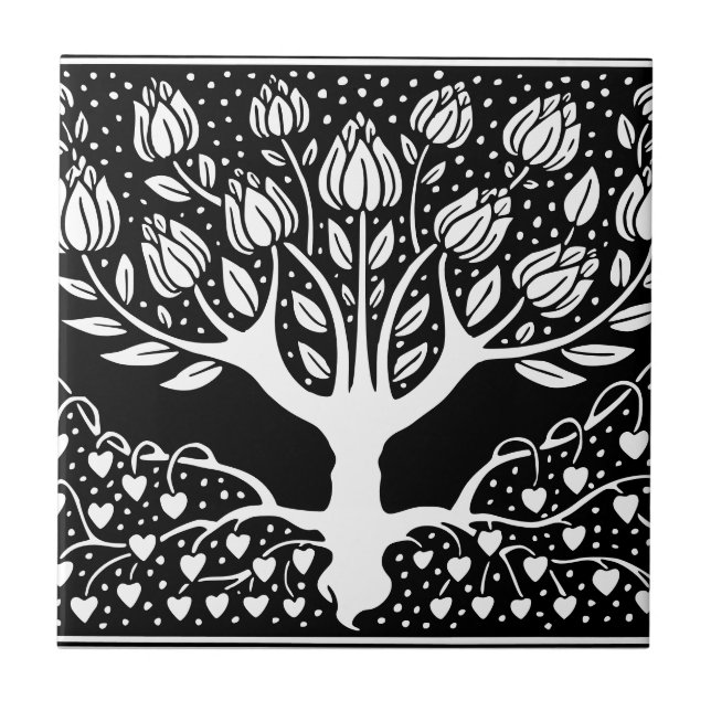 Flower Tree Black & White Beardsley Hearts Ceramic Tile (Front)
