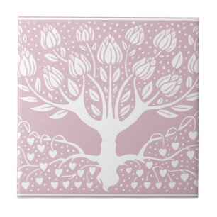 Flower Tree Pink & White Beardsley Hearts Ceramic Tile