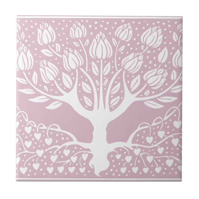Flower Tree Pink & White Beardsley Hearts Ceramic Tile (Front)