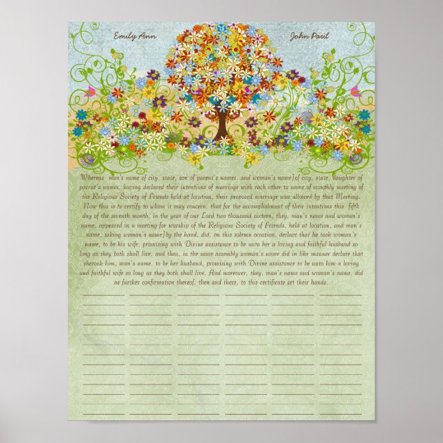 Flower Tree Print  Quaker Wedding Certificate (Front)