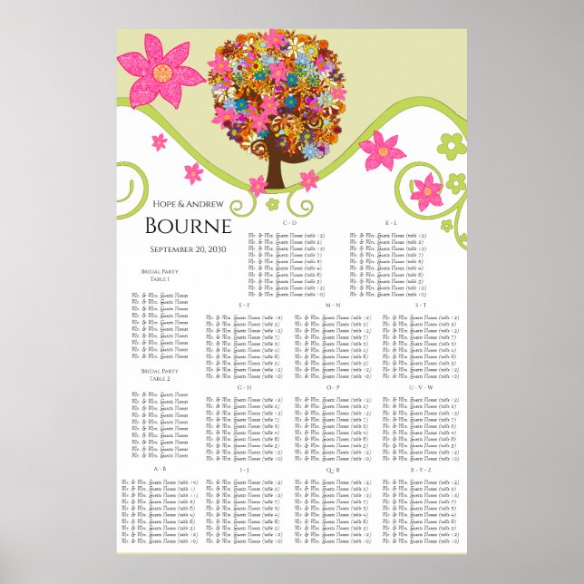 Flower Tree Seating Chart Alphabetical Table #'s (Front)