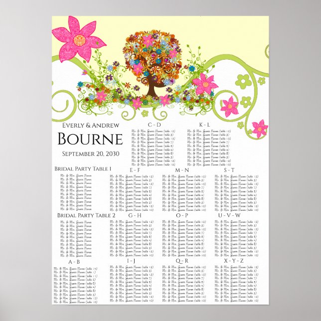 Flower Tree Seating Chart Alphabetical Table #'s (Front)