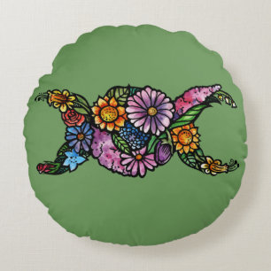 Flower Triple Moon Symbol Blessed Be Round Cushion