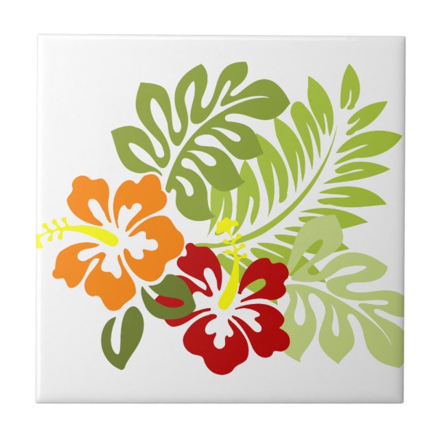 Flower Tropical Leaves Hibiscus Hawaii Red Orange. Ceramic Tile (Front)