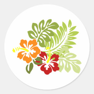 Flower Tropical Leaves Hibiscus Hawaii Red Orange. Classic Round Sticker