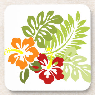 Flower Tropical Leaves Hibiscus Hawaii Red Orange. Coaster