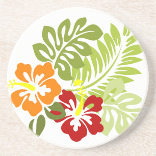 Flower Tropical Leaves Hibiscus Hawaii Red Orange. Coaster