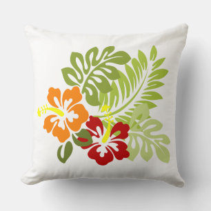 Flower Tropical Leaves Hibiscus Hawaii Red Orange. Cushion
