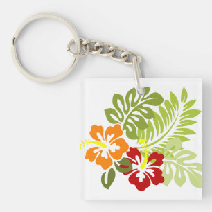 Flower Tropical Leaves Hibiscus Hawaii Red Orange. Key Ring