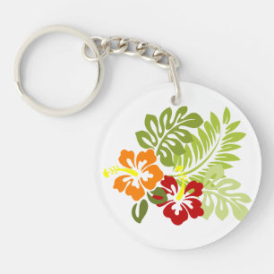 Flower Tropical Leaves Hibiscus Hawaii Red Orange. Key Ring