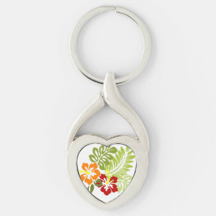 Flower Tropical Leaves Hibiscus Hawaii Red Orange. Key Ring