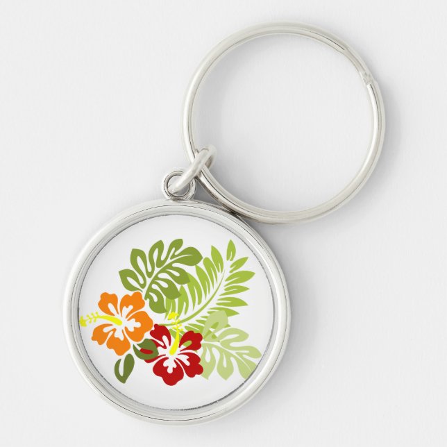 Flower Tropical Leaves Hibiscus Hawaii Red Orange. Key Ring (Front)