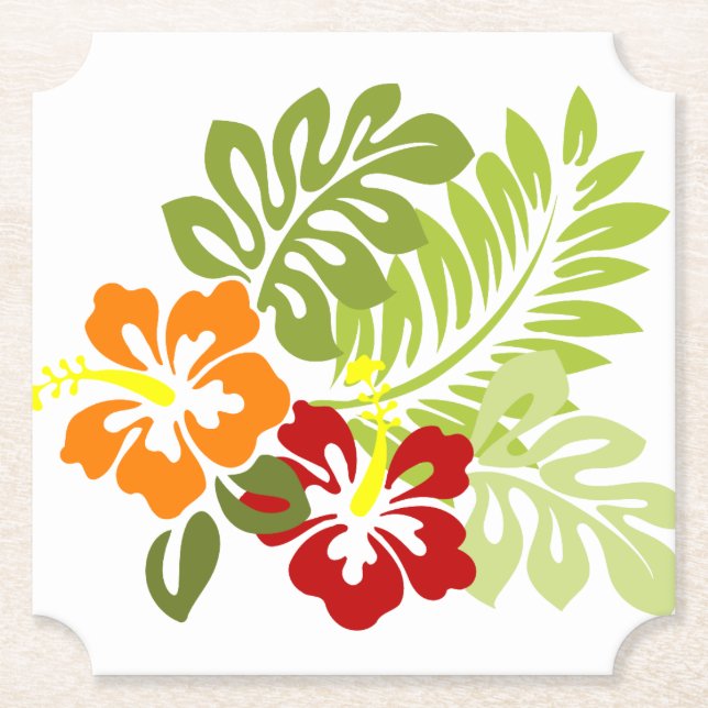 Flower Tropical Leaves Hibiscus Hawaii Red Orange. Paper Coaster (Front)