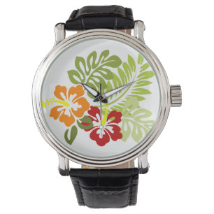 Flower Tropical Leaves Hibiscus Hawaii Red Orange. Watch