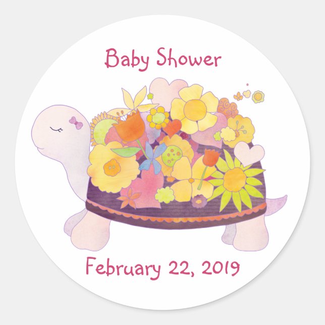Flower Turtle Baby Shower Invitation Classic Round Sticker (Front)