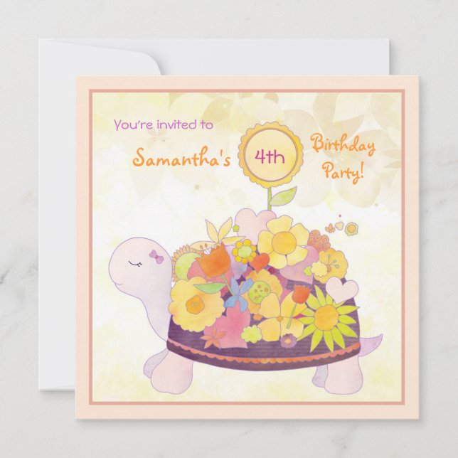Flower Turtle Kids Birthday Party Invitation (Front)