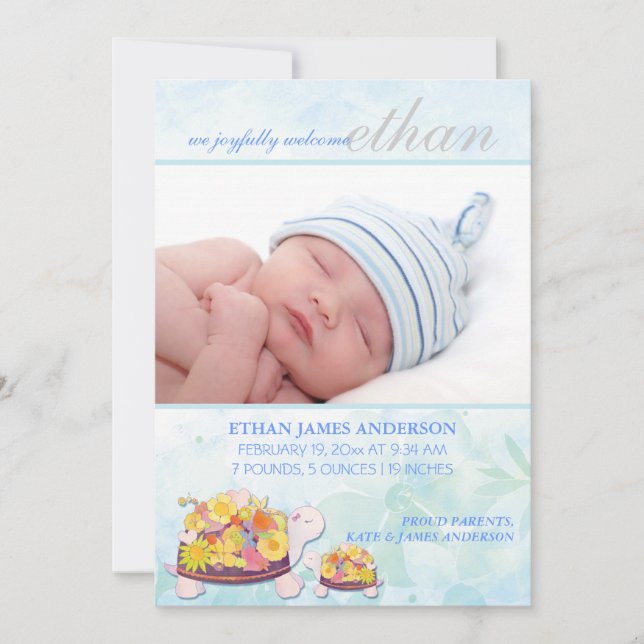 Flower Turtles Baby Boy Birth Announcement (Front)