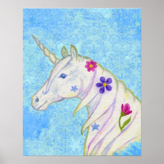 Flower Unicorn on Blue art print (Front)