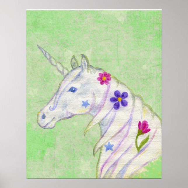 Flower Unicorn on Green art print (Front)