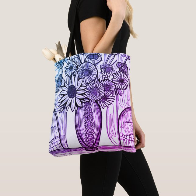 Flower Vase Line Drawing Purple Blue Floral Art Tote Bag (Close Up)