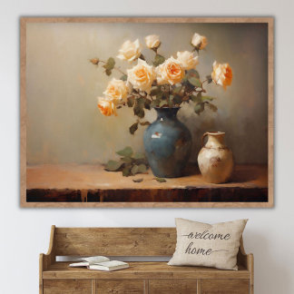 Flower Vase Still Life Oil Painting, Vintage Kitch Poster