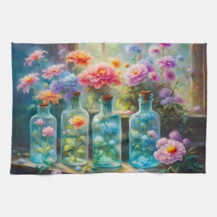 Flower vases filled with stunning, vibrant blooms tea towel
