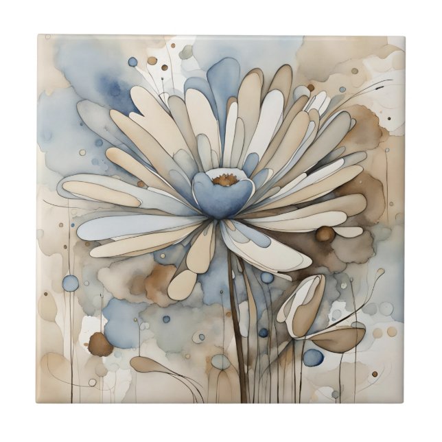 Flower Watercolor Abstract Beige Grey  Ceramic Tile (Front)