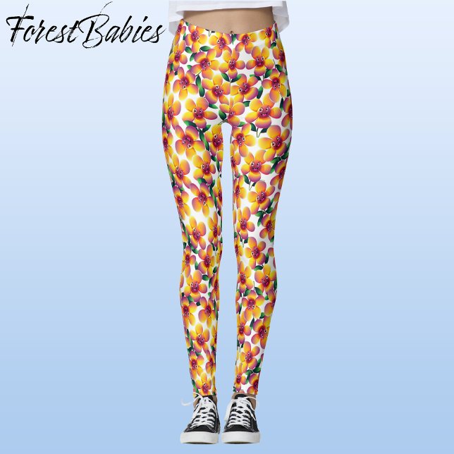 Flower 🌼 Whimsical Cute Fun Floral Design Pattern Leggings (Silly Flower Pattern, ForestBabies Leggings, Front)