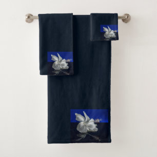 Flower White Hibiscus on Blue Background Bath Towel Set