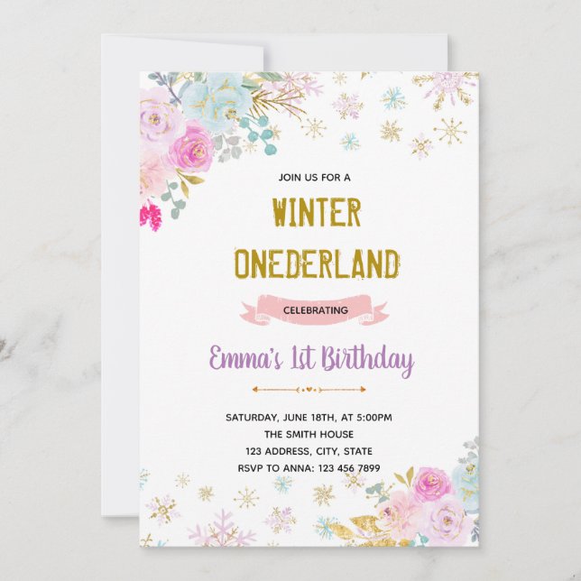 Flower winter onederland invitation (Front)